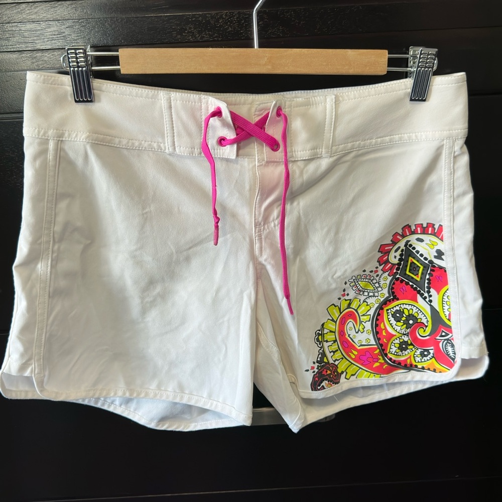 ATHLETA Swim/Board Shorts, White w/ a pop of color on left leg & pink drawstring